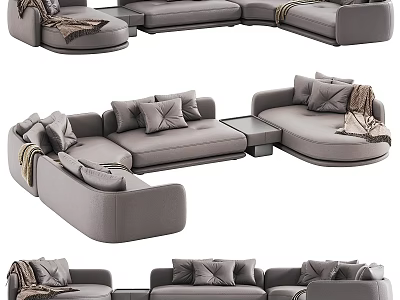 Modern Grey Sectional Sofa Interior Design With Cozy Cushions And Throw Blanket 3d model