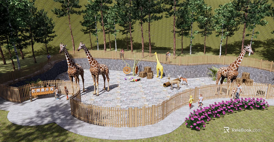 Scenic Park Landscape Featuring Giraffe Statues Animal Models Wooden Fence Trees and Children Playing 3d model 