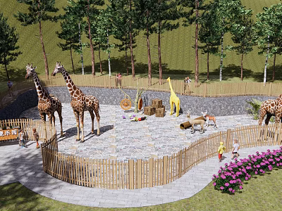 Scenic Park Landscape Featuring Giraffe Statues Animal Models Wooden Fence Trees and Children Playing 3d model