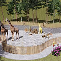 Scenic Park Landscape Featuring Giraffe Statues Animal Models Wooden Fence Trees and Children Playing