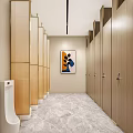 Hotel Bathroom Interior With Marble Walls Double Sinks Wooden Doors And Lighted Mirror