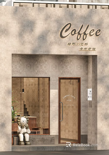 Minimalist Cafe Exterior Design With Wooden Door Concrete Wall Signboard And Green Plant 3d model 