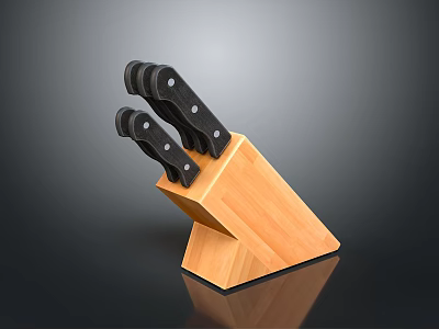 Essential Household Kitchen Knife Set With Black Handles In Wooden Holder 3d model
