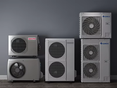 Various Air Conditioner Fans Daikin Gree Outdoor Units Against Gray Wall Wooden Floor 3d model