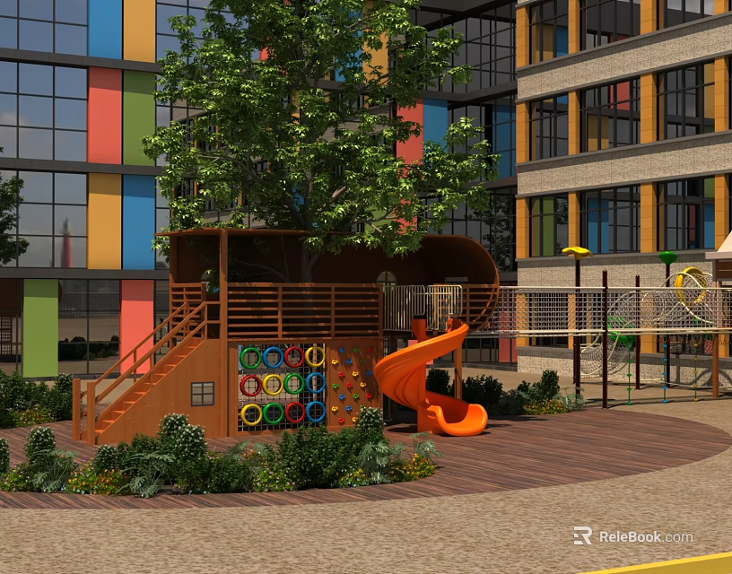 Outdoor Playground Equipment With Wooden Structure Orange Slide Colorful Rings And Green Plants 3d model 