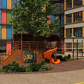 Outdoor Playground Equipment With Wooden Structure Orange Slide Colorful Rings And Green Plants