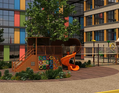 Outdoor Playground Equipment With Wooden Structure Orange Slide Colorful Rings And Green Plants 3d model
