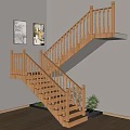 Wooden Staircase with Balustrades and Small Pond Featuring Stones Wall Paintings and Wooden Floor