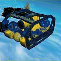 Yellow Industrial Underwater Equipment with Black Frame and Round Components in Seabed Coral Seaweed Environment