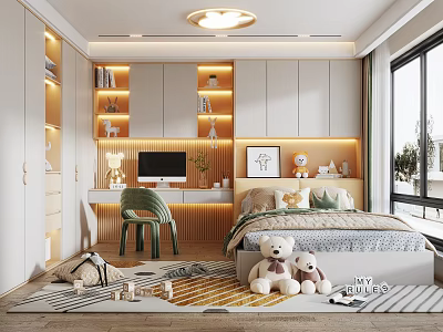 Cozy Modern Tatami Bedroom Interior With Tatami Bed Desk Green Chair Bookshelves And Teddy Bears 3d model
