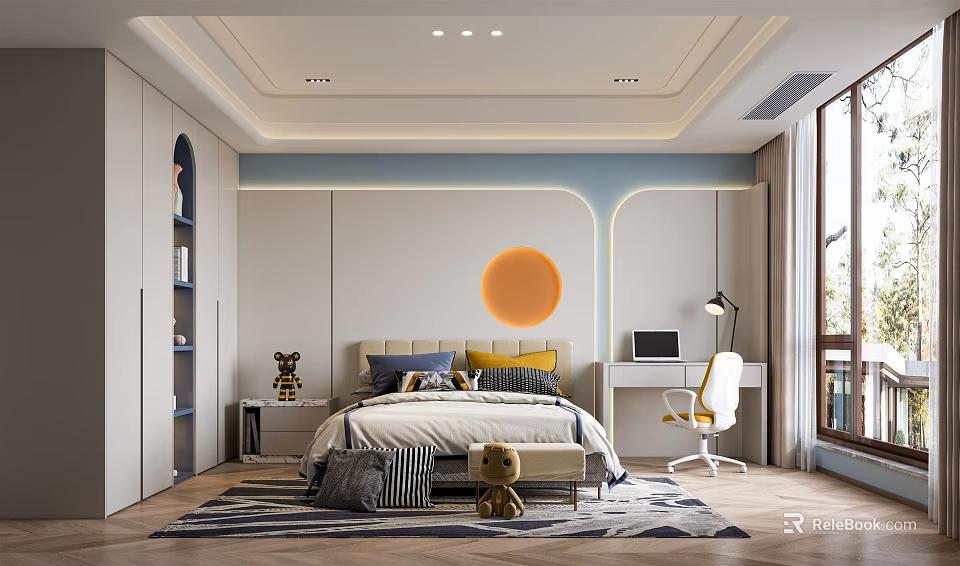 Modern Kids Room Interior With Bed Desk Chair Round Orange Decor Stuffed Toy And Rug 3d model 