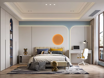 Modern Kids Room Interior With Bed Desk Chair Round Orange Decor Stuffed Toy And Rug 3d model
