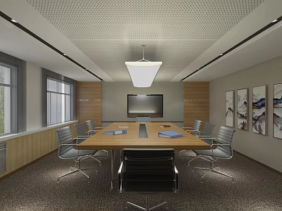 Modern Conference Room With Long Table TV Screen Chairs Wall Paintings Pendant Light And Windows 3d model