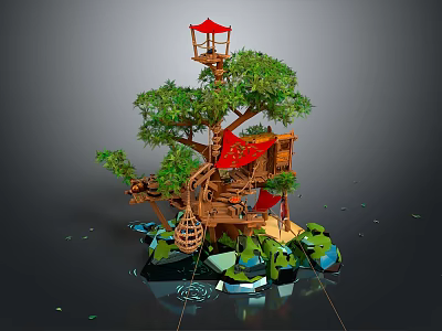 Whimsical Wooden Treehouse Structure With Red Roofs Green Foliage And Elevated Platforms 3d model