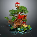 Whimsical Wooden Treehouse Structure With Red Roofs Green Foliage And Elevated Platforms 3d model