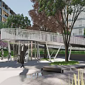 Modern Building Garden Landscape With Water Pool Steps And Green Trees