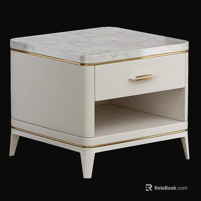 Modern White Nightstand With Gold Accents And Marble Top Single Drawer And Open Shelf Design 3d model 