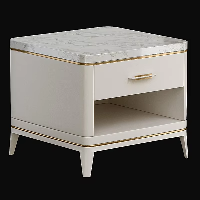 Modern White Nightstand With Gold Accents And Marble Top Single Drawer And Open Shelf Design 3d model