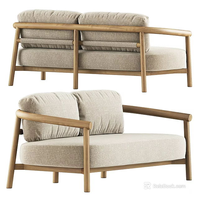 Modern Minimalist Two Seat Sofa With Wooden Frame And Light Colored Fabric Cushions 3d model 