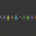 Colorful Cartoon Characters Standing In Row With Multi Colored Outfits Hats On Gray Background Reflections