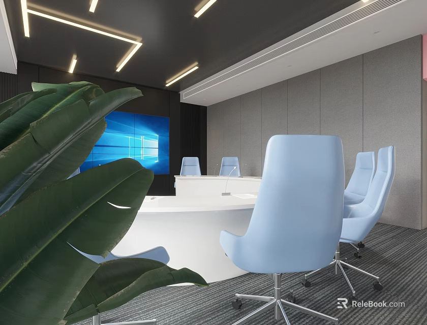 Modern Meeting Room With White Conference Table Light Blue Chairs Large Screen And Green Plants 3d model 