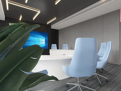 Modern Meeting Room With White Conference Table Light Blue Chairs Large Screen And Green Plants 3d model