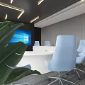 Modern Meeting Room With White Conference Table Light Blue Chairs Large Screen And Green Plants