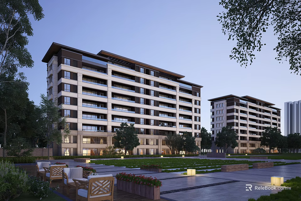 Modern Residential Building with Green Lawns and Trees in Paved Courtyard with Outdoor Seating 3d model 