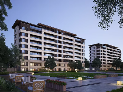 Modern Residential Building with Green Lawns and Trees in Paved Courtyard with Outdoor Seating 3d model
