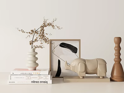 Decorative Ornament Set With Stacked Books Vase Dried Flowers Framed Art Rhino Figurine Wooden Decor 3d model