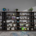 Dark Brown Layered Bookshelf With Multiple Shelves Globe Figurine Potted Plants Books And Storage Boxes