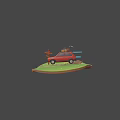 Red Car On Dirt Road With Road Sign Grass Flowers And Roof Luggage