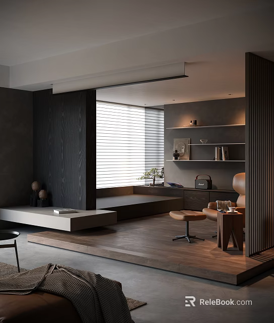 Modern Dark Living Room Interior With Wooden Floor Blinds Bench Armchair And Bookshelf 3d model 
