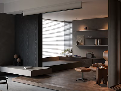 Modern Dark Living Room Interior With Wooden Floor Blinds Bench Armchair And Bookshelf 3d model