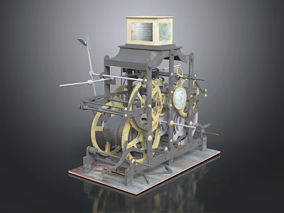 Vintage Mechanical Device With Metal Frame Large Gears Rotating Wheels Levers And Top Box 3d model