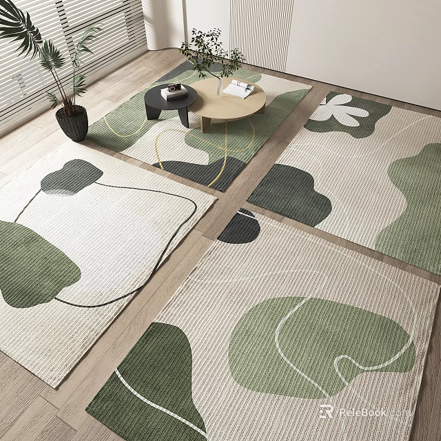 Square Rugs With Green Beige Abstract Patterns In Modern Living Room With Wooden Floor And Plants 3d model 