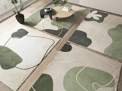 Square Rugs With Green Beige Abstract Patterns In Modern Living Room With Wooden Floor And Plants 3d model