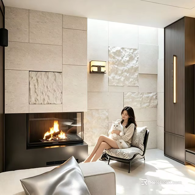 Elegant Cozy Living Room With Natural Stone Wall And Modern Fireplace For Comfortable Relaxing Moments 3d model 
