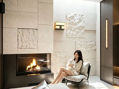 Elegant Cozy Living Room With Natural Stone Wall And Modern Fireplace For Comfortable Relaxing Moments 3d model
