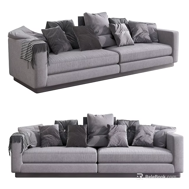 Modern Gray Two-Seater Sofa with Multiple Plush Pillows and Plaid Throw Blanket 3d model