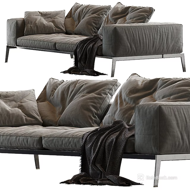 Modern Gray Two Seater Sofa With Plush Cushions Cozy Throw And Metal Legs 3d model 