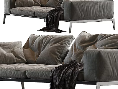 Modern Gray Two Seater Sofa With Plush Cushions Cozy Throw And Metal Legs 3d model