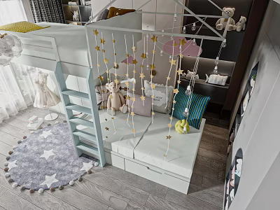 Light Blue Bunk Bed With Ladder Hanging Star Decorations Stuffed Toys And Star Rug 3d model