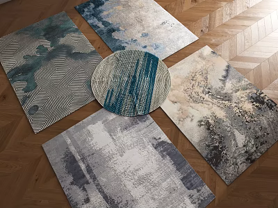 Modern Abstract Square Rugs With Geometric Patterns And Neutral Tones On Wooden Floor 3d model