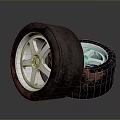 Worn Car Tires With Silver Alloy Wheels And Tread Patterns 3d model