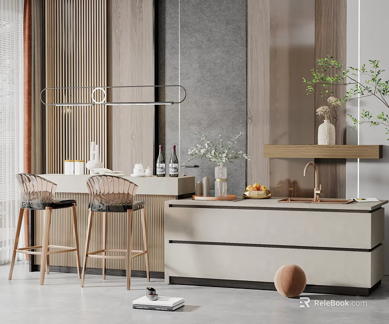Elegant Modern Bar Counter Interior With Pendant Lighting Stools Flower Vase And Countertop 3d model 