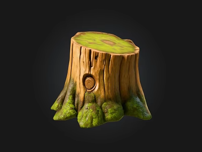 Natural Stone Wood Tree Stump With Green Moss Covered Base And Cross Section Growth Rings 3d model