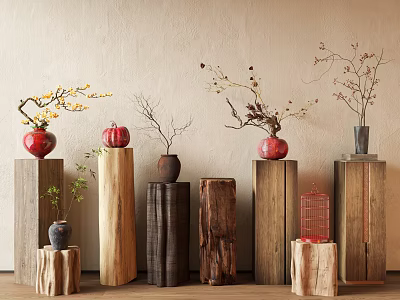 Quiet Flower Art Column Old Wooden Column Cylindrical Vase Flower Art Pottery Pot Vase Flower Pot Column Flower 3d model