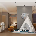Hotel Room Modern Interior With Kids Teepee Flat Screen TV King Bed City View Window