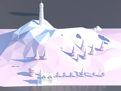 Low Poly Cartoon Scene With Lighthouse Snowy Mountain Boats Small House In Pink White Tones 3d model
